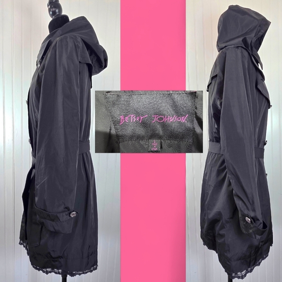 Betsey Johnson Black Hooded Rain Trenchcoat Double Breasted Lace Hem Women’s L - Picture 3 of 15